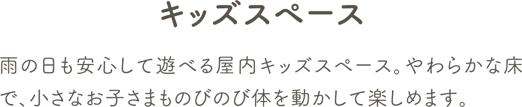 雨の日も安心して遊べる屋内キッズスペース。やわらかな床で、小さなお子さまものびのび体を動かして楽しめます。